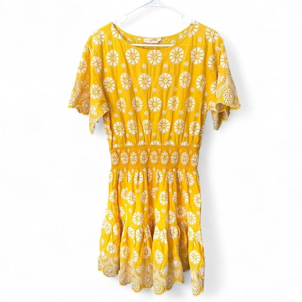 Tory Burch Yellow Embroidered Eyelet Smocked Waist Boho Mini Dress. Size 10